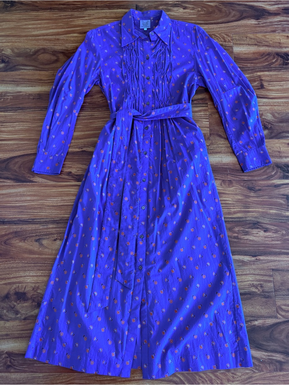 Thierry Colson France Women’s Blue Carnation Floral Silk Shirt Dress Small S